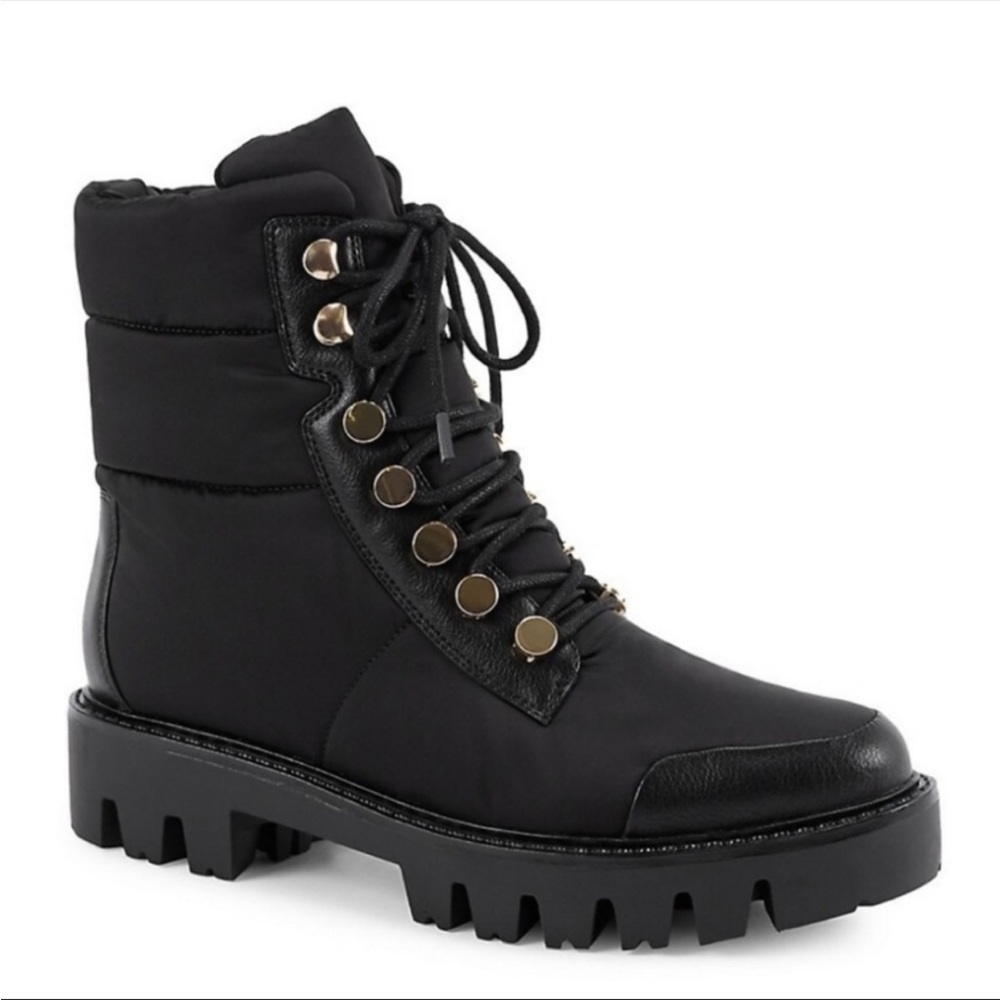 H by Halston Corinne Quilted Waterproof Nylon Combat Boots in Black
